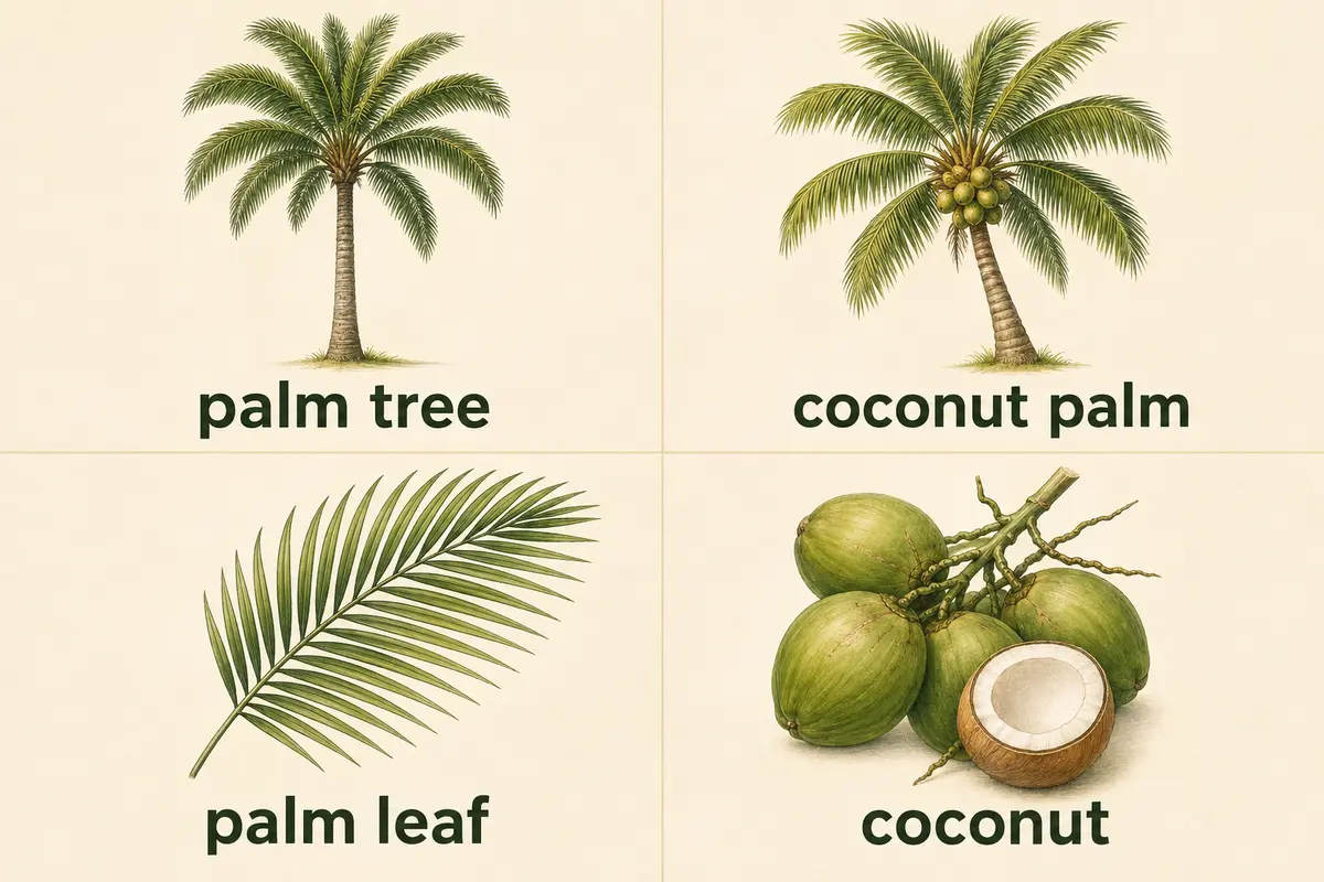 palm tree、coconut palm、palm leaf、coconutの英語図解