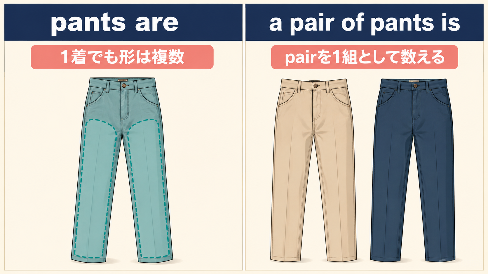 pants areとa pair of pants isの違いを示す図解