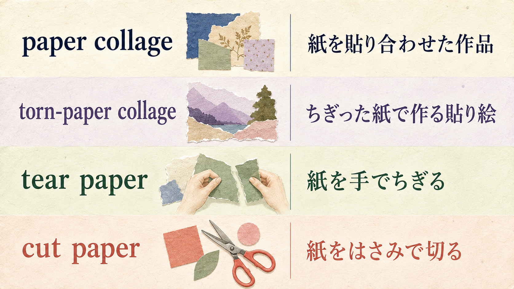 ちぎり絵を表す英語表現の比較図