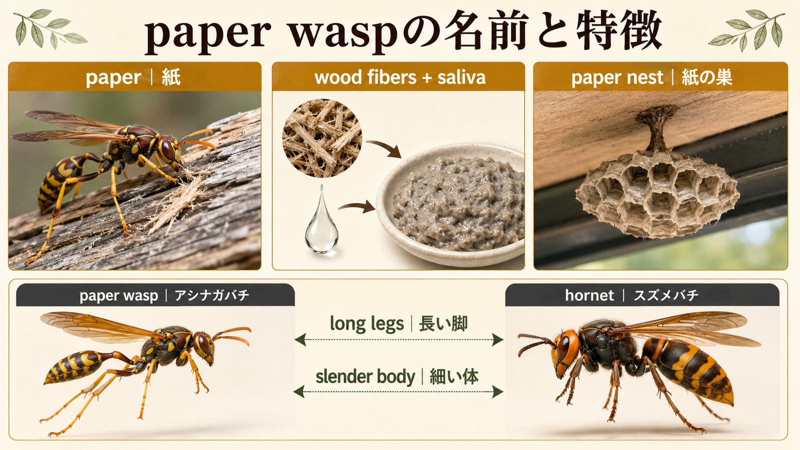 アシナガバチが木の繊維から紙の巣を作る流れとスズメバチとの体形の違いを示す解説図