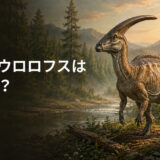 白亜紀後期の森に立つ長いトサカのパラサウロロフスと「パラサウロロフスは英語で？」の文字