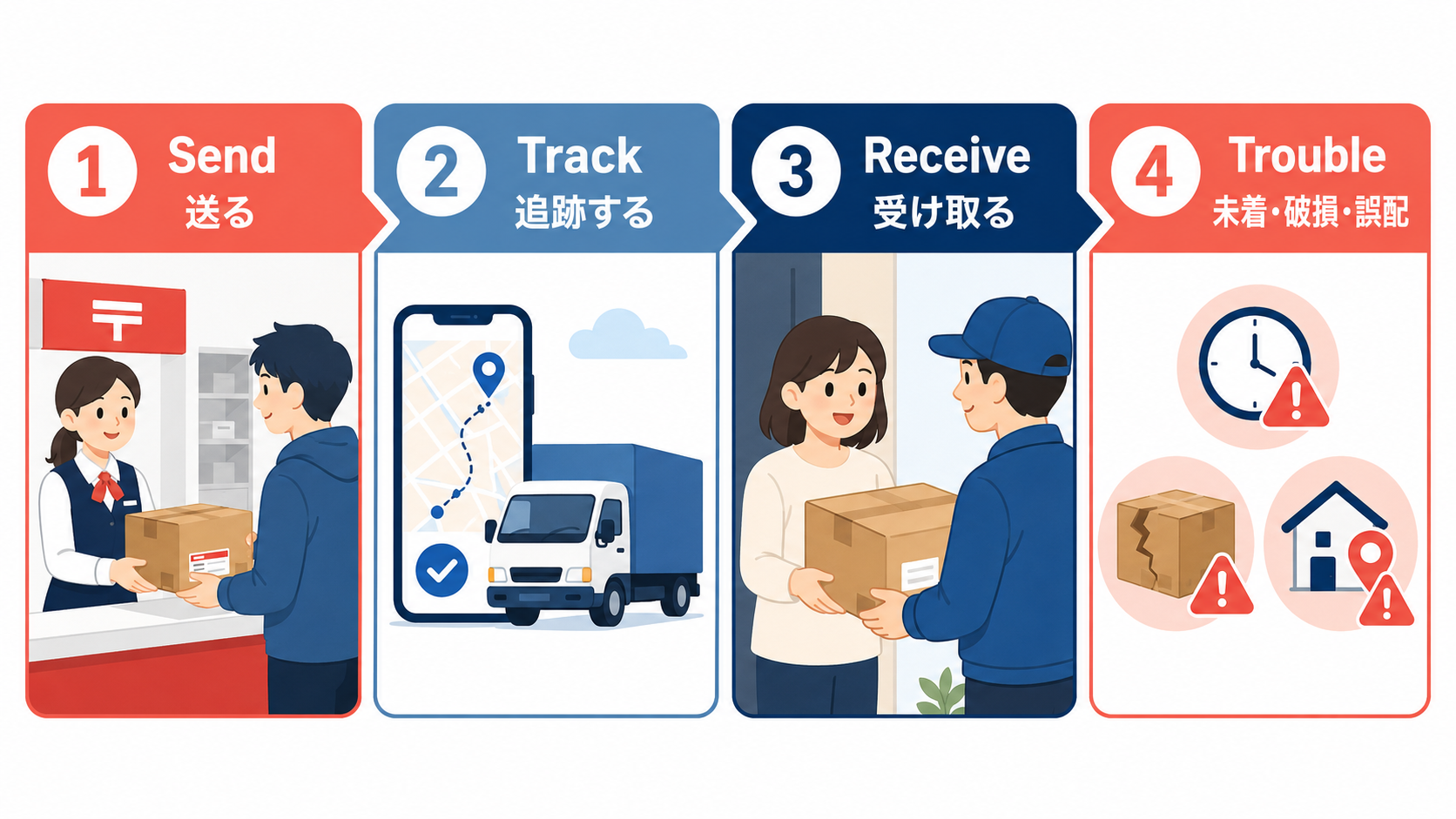 Send・Track・Receive・Troubleの4段階で示す郵便宅配英語の流れ