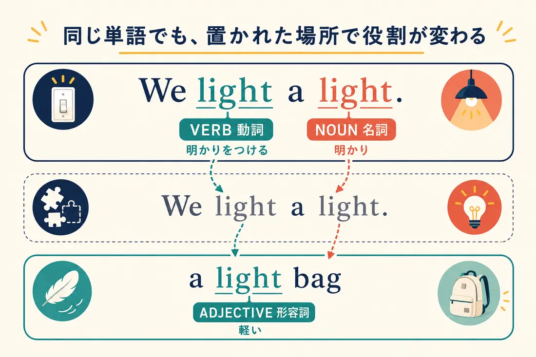 lightが動詞・名詞・形容詞として働く位置の違いを示した図解