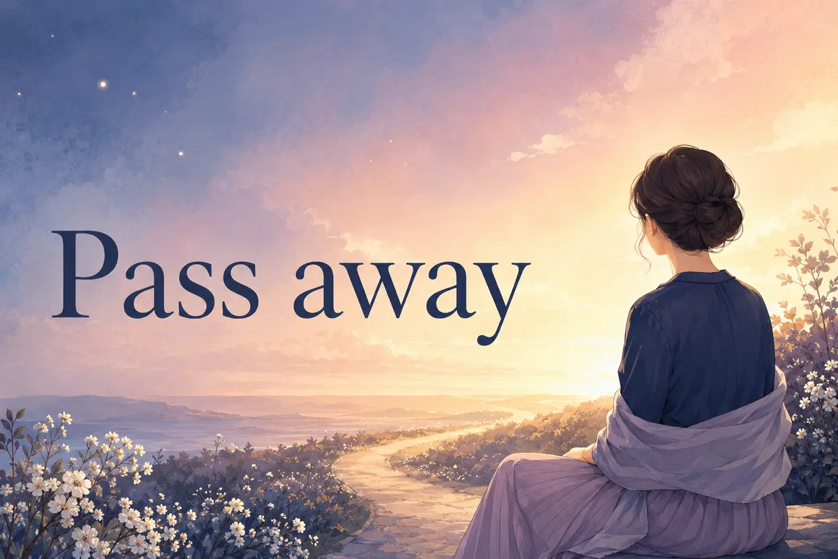 Pass awayの意味を表す、光へ続く道を眺める女性のイラスト