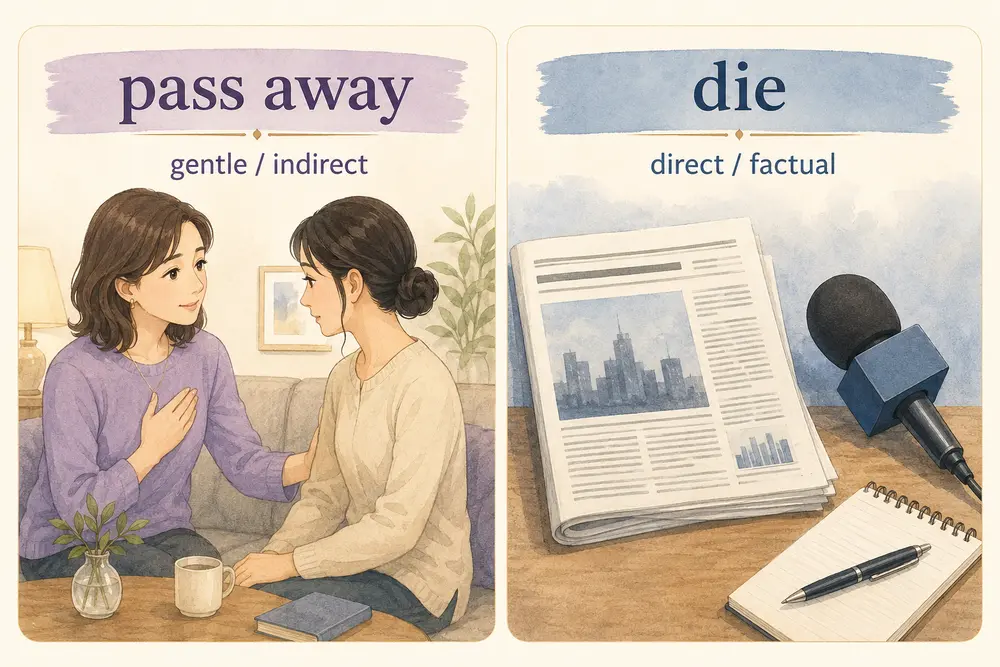 pass awayとdieのニュアンスの違いを示すイラスト
