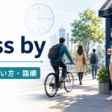 句動詞pass byの意味・使い方・語順を表す、カフェのそばを人や自転車が通り過ぎるイラスト