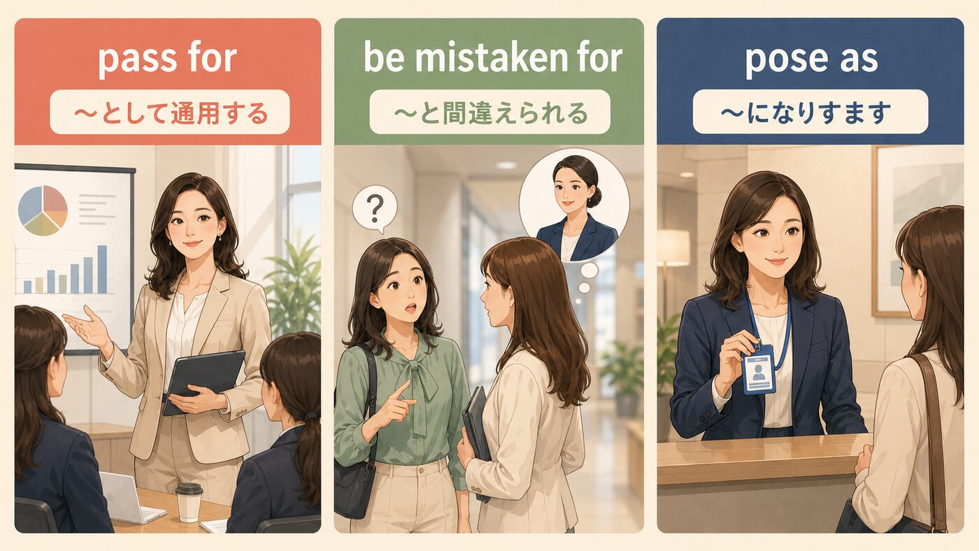 pass for・be mistaken for・pose asの違いを示す図解