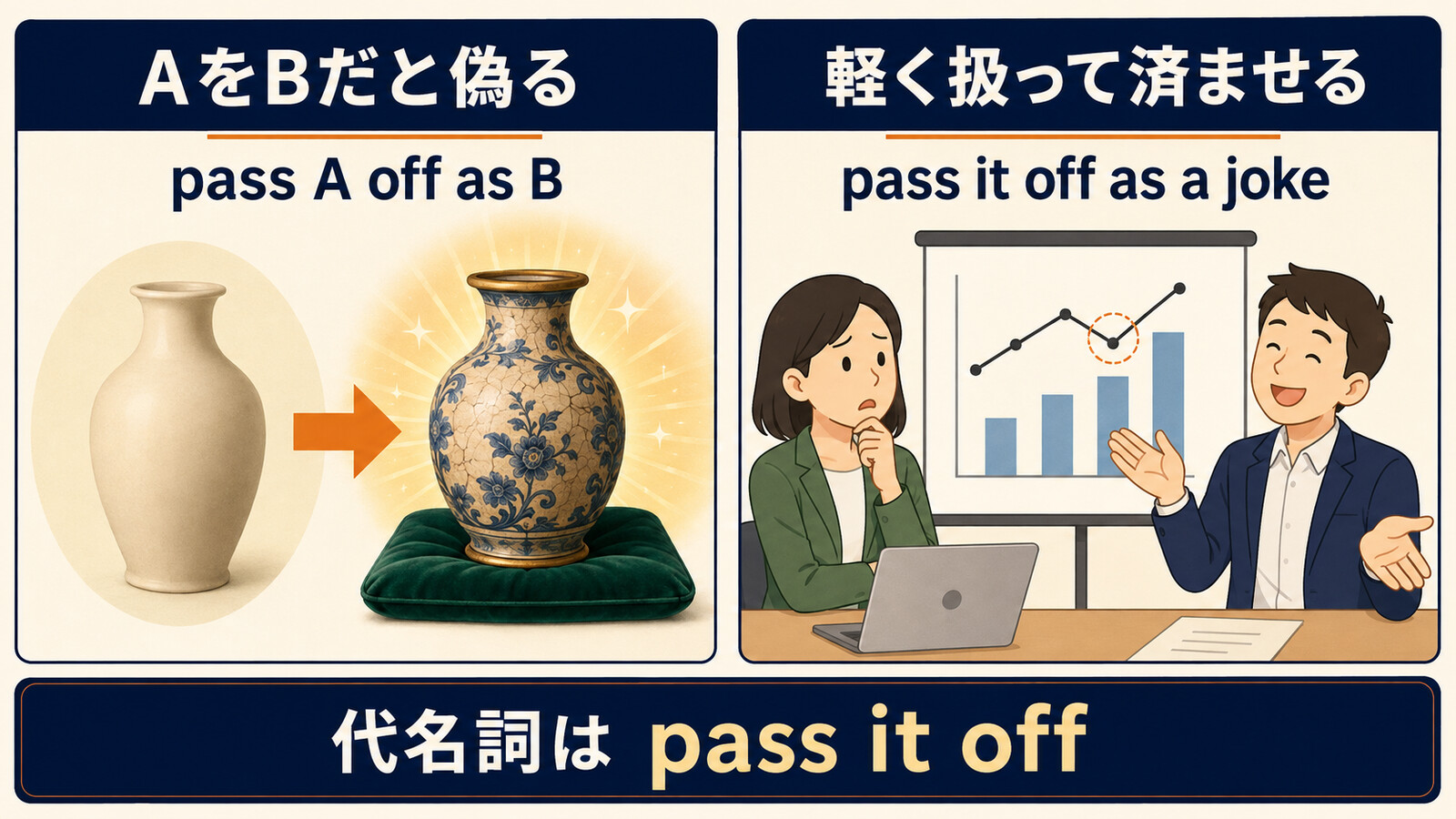 pass A off as Bとpass it offの語順を示す図解