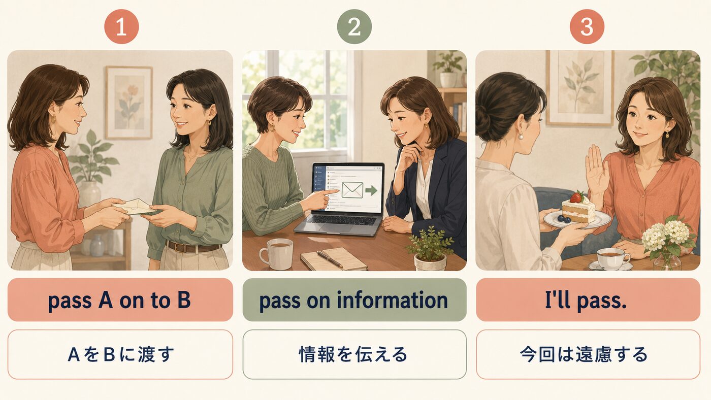 pass A on to B・pass on information・I'll pass.の違いを示す図解
