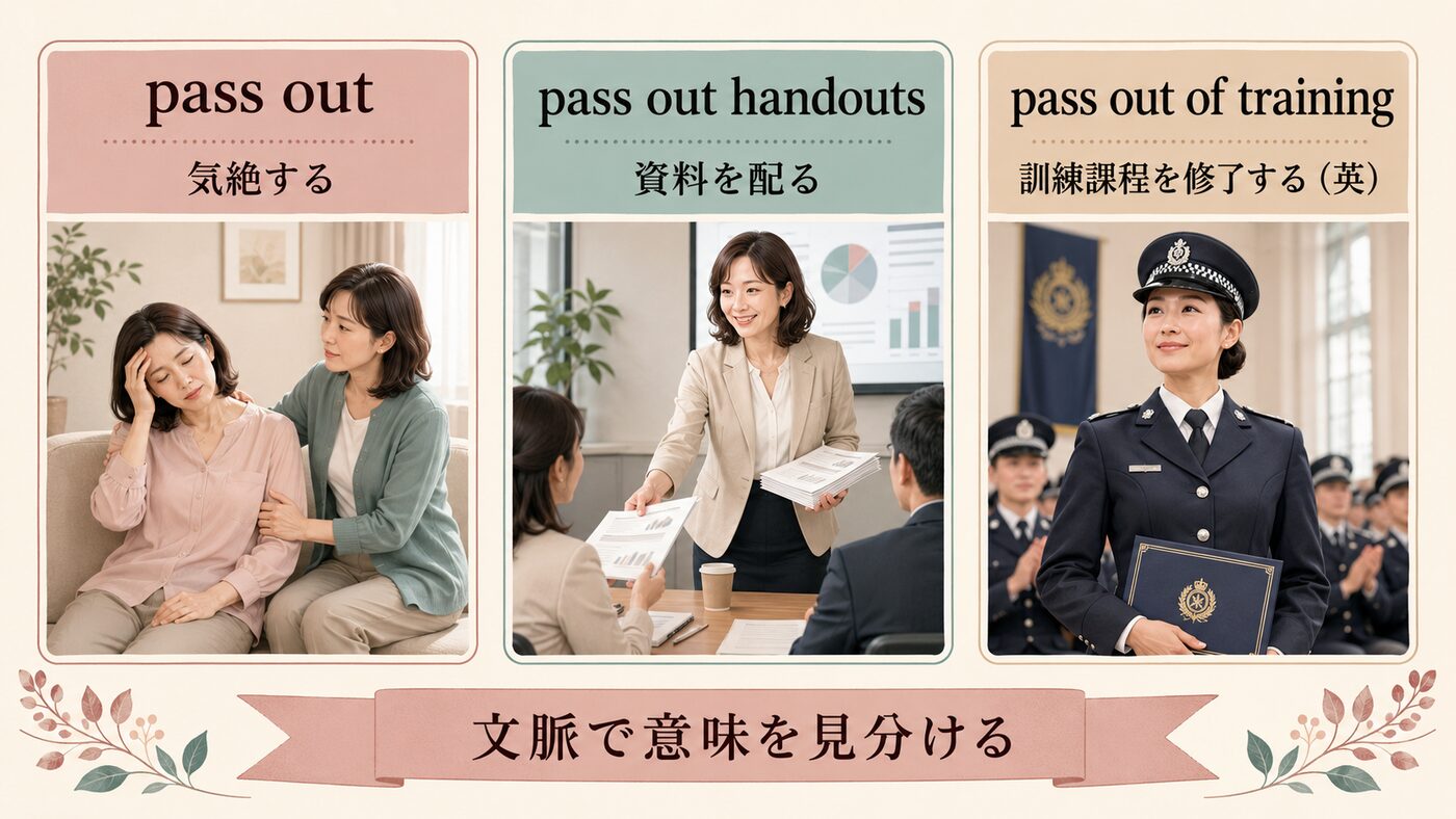 pass outの気絶する・資料を配る・訓練課程を修了するの3用法