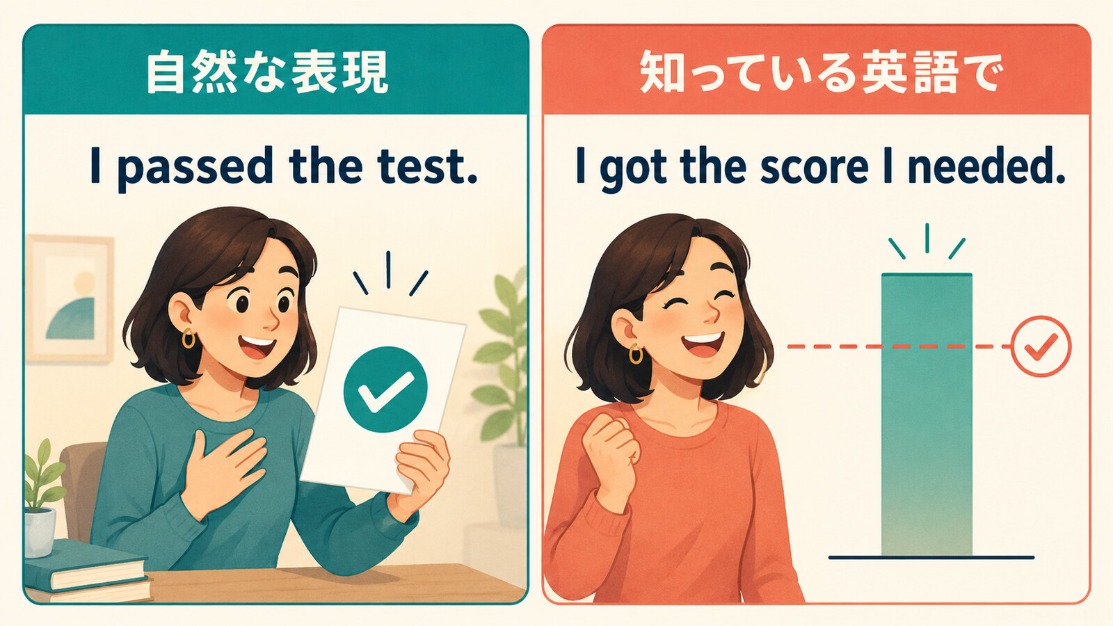 I passed the testをI got the score I neededと言い換える解説イラスト
