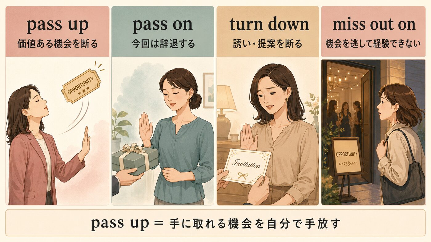 pass up・pass on・turn down・miss out onのニュアンス比較図