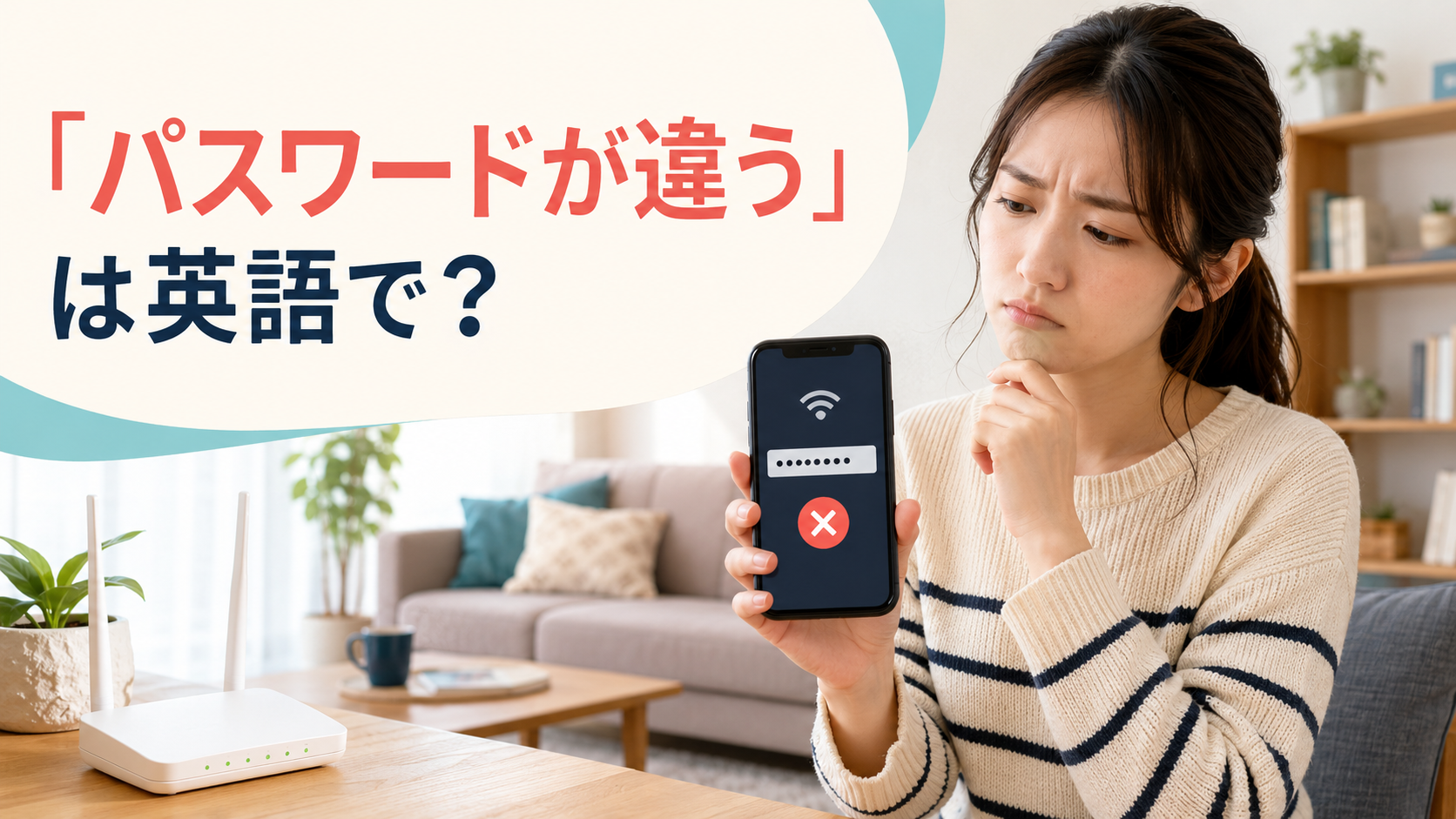 Wi-Fiのパスワードが違うと表示され困る女性と「パスワードが違う」は英語で？の文字