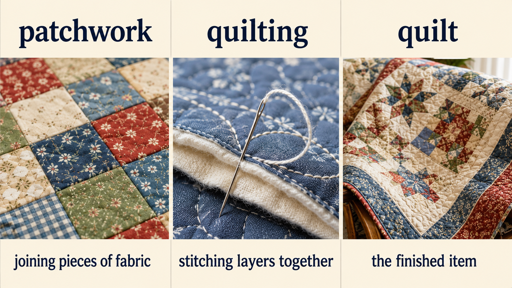 patchwork・quilting・quiltの違いを示す比較画像
