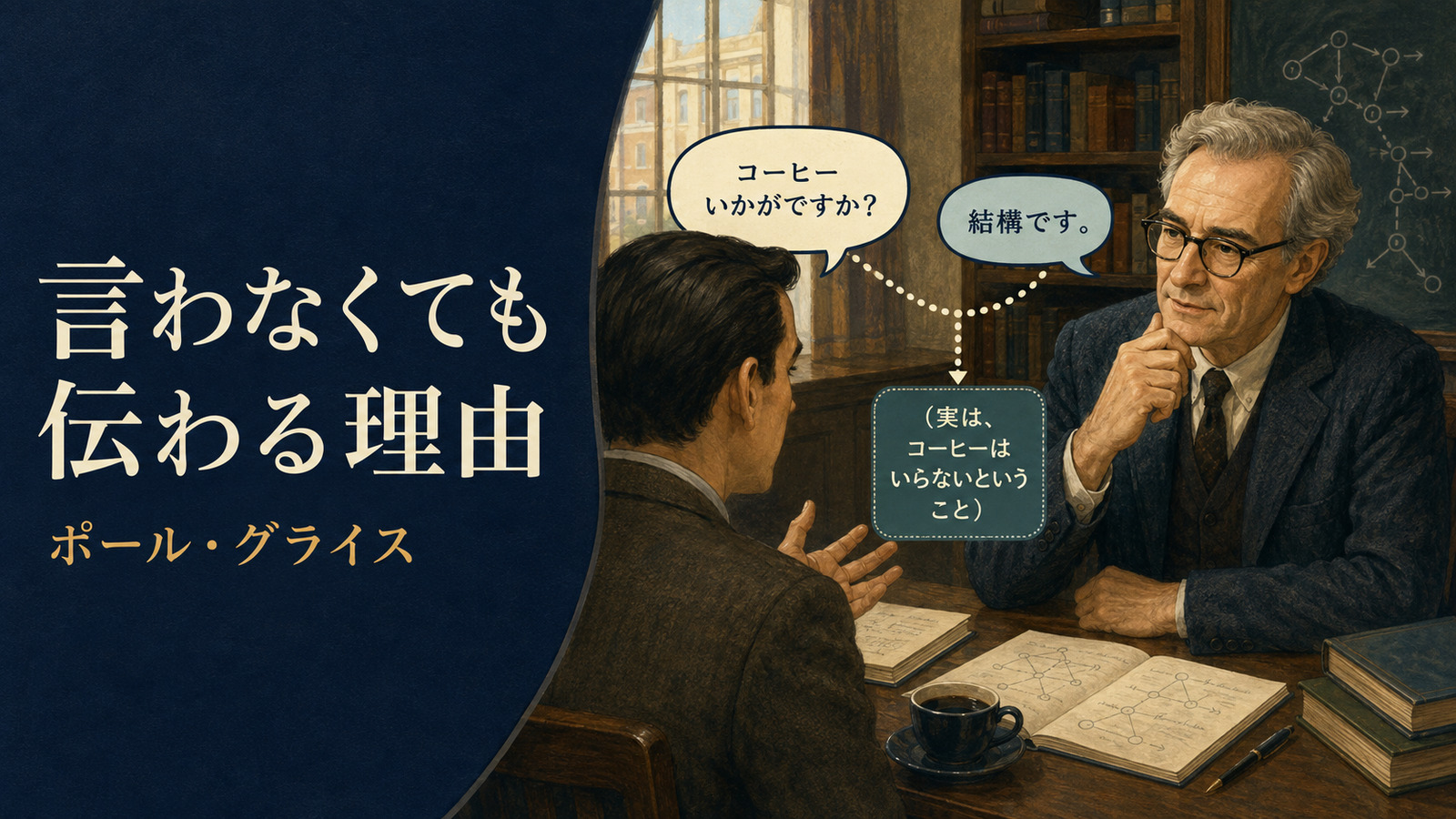 ポール・グライスと、言葉にしなくても意味が伝わる会話の含意を表すイラスト