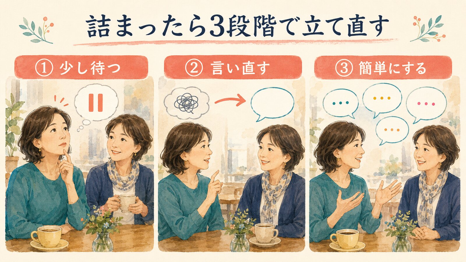 英語に詰まったとき少し待つ・言い直す・簡単にする3段階のイラスト