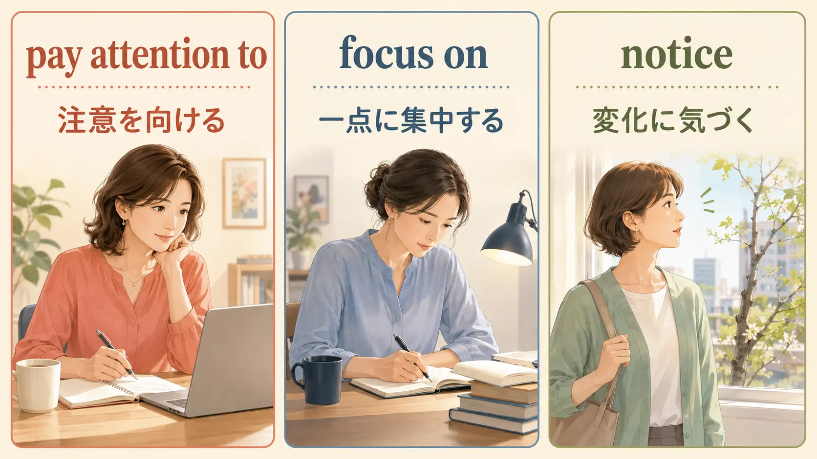 pay attention to・focus on・noticeの違いを比較した図解