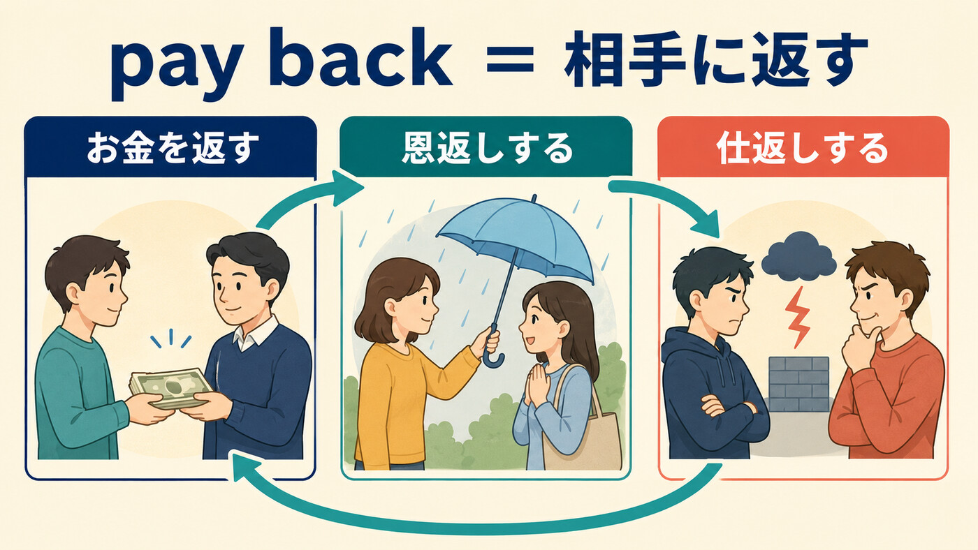 pay backのお金を返す・恩返しする・仕返しするの3つの意味を示す図