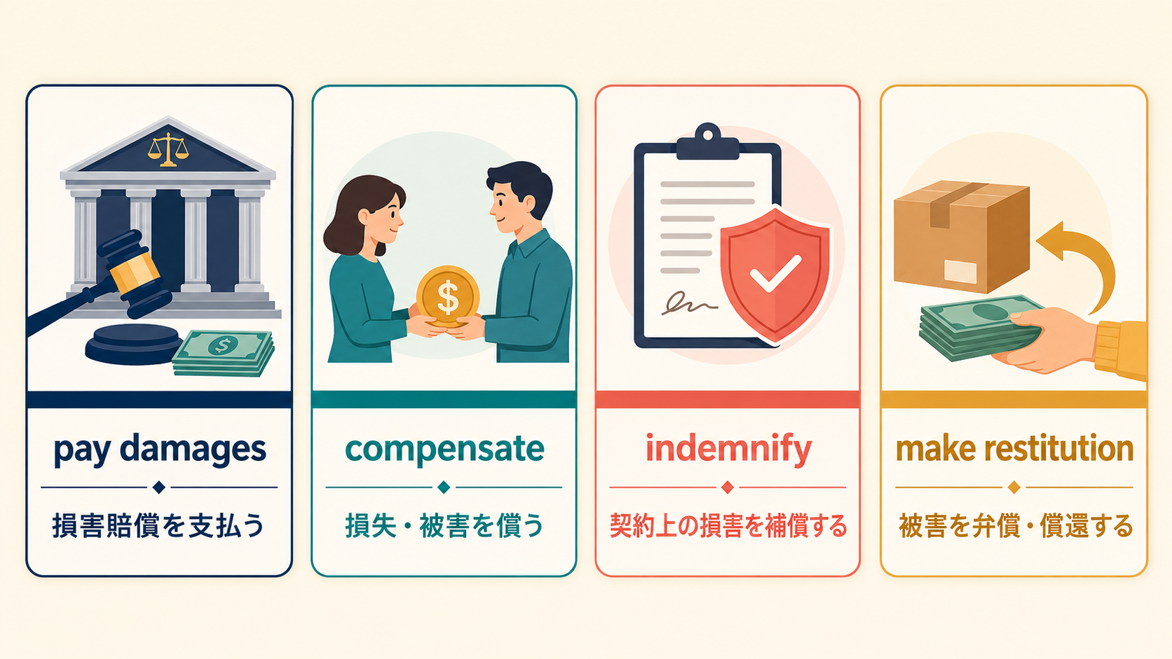 pay damages、compensate、indemnify、make restitutionの違い
