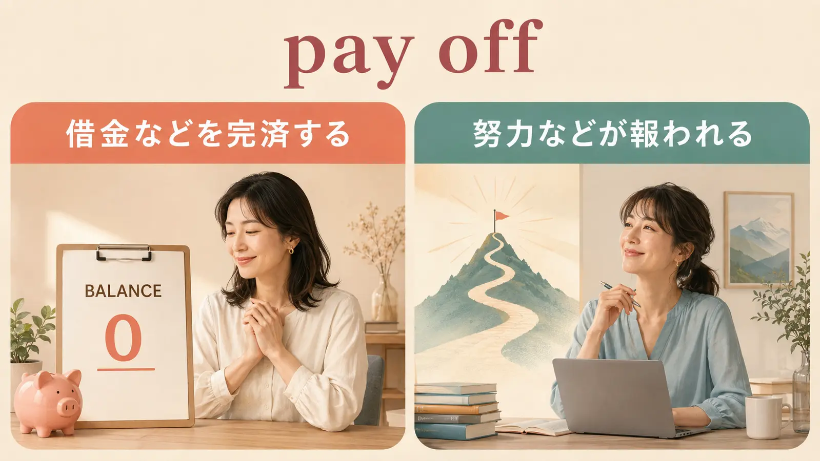 pay off 借金を完済する・努力が報われる