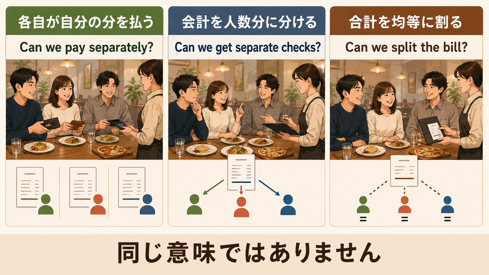 別会計と割り勘の英語表現比較