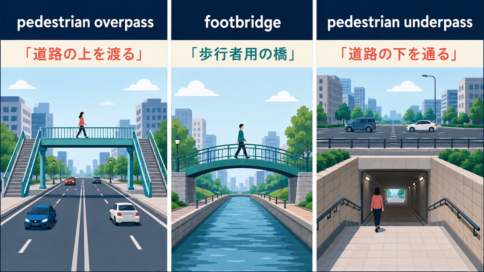 pedestrian overpass・footbridge・pedestrian underpassの違い