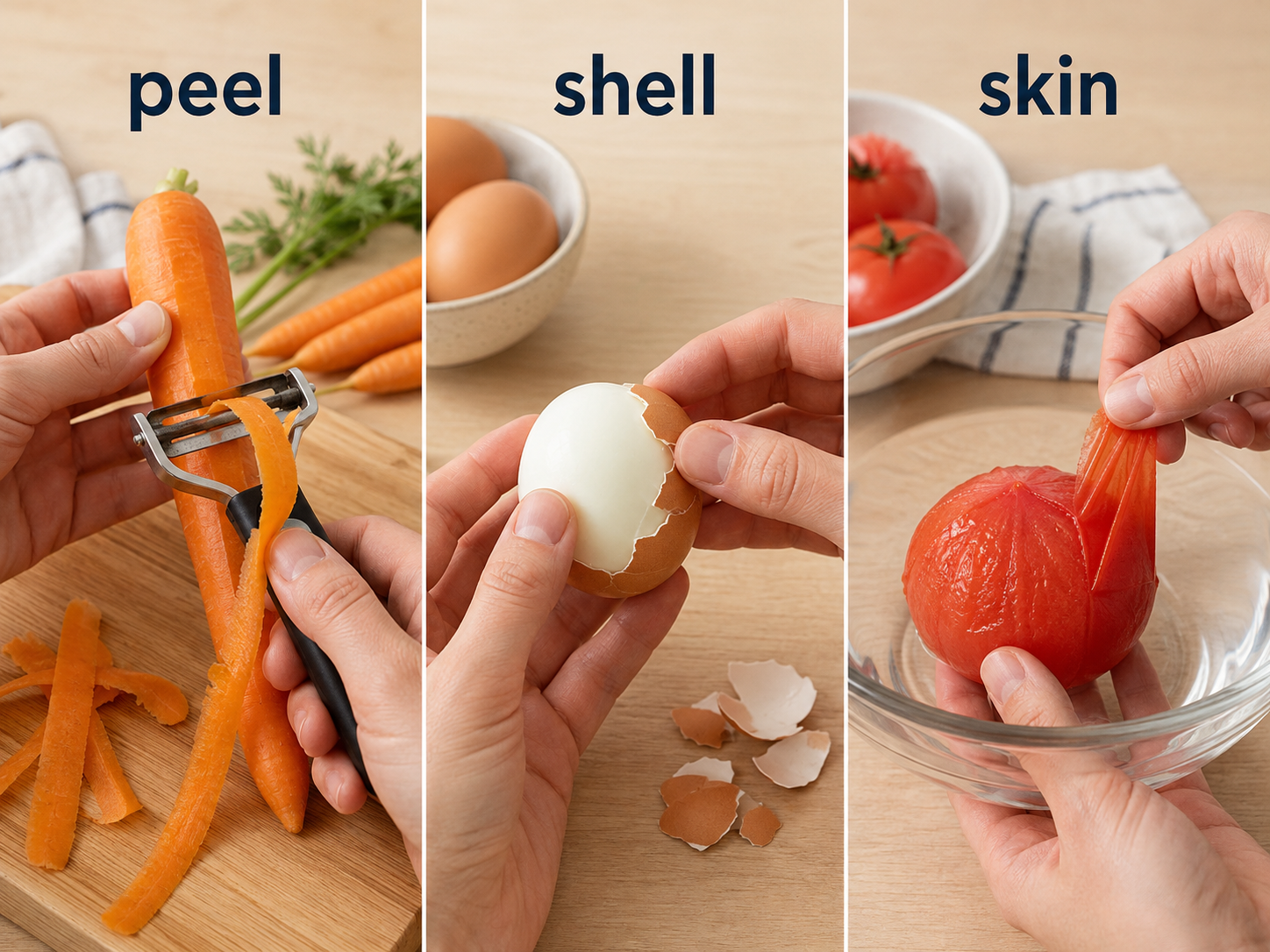 にんじんの皮をpeel、卵の殻をshell、トマトの薄皮をskinとしてむく違い