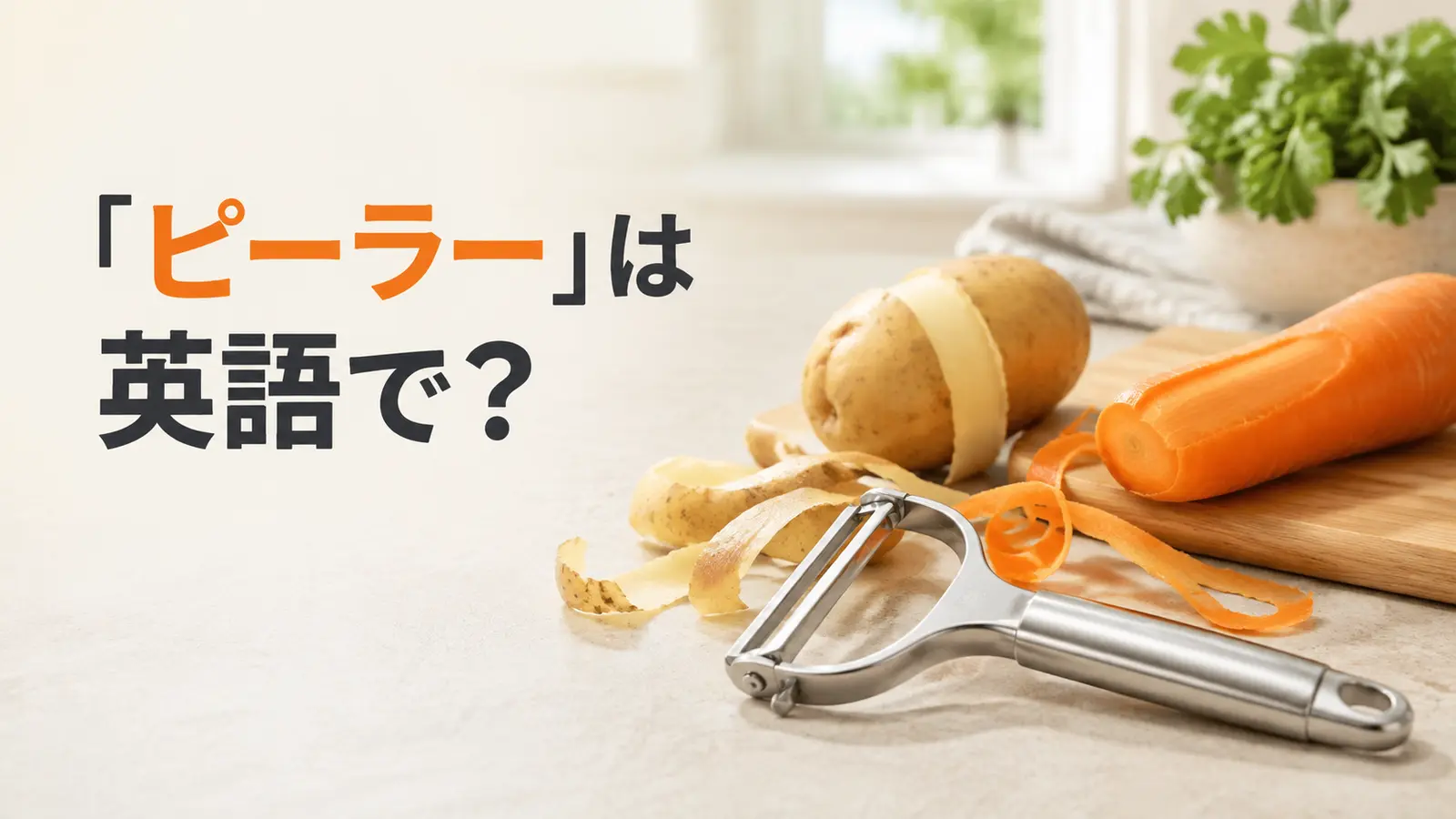 ピーラーは英語で？Y型ピーラーでジャガイモとニンジンの皮をむくキッチンのアイキャッチ