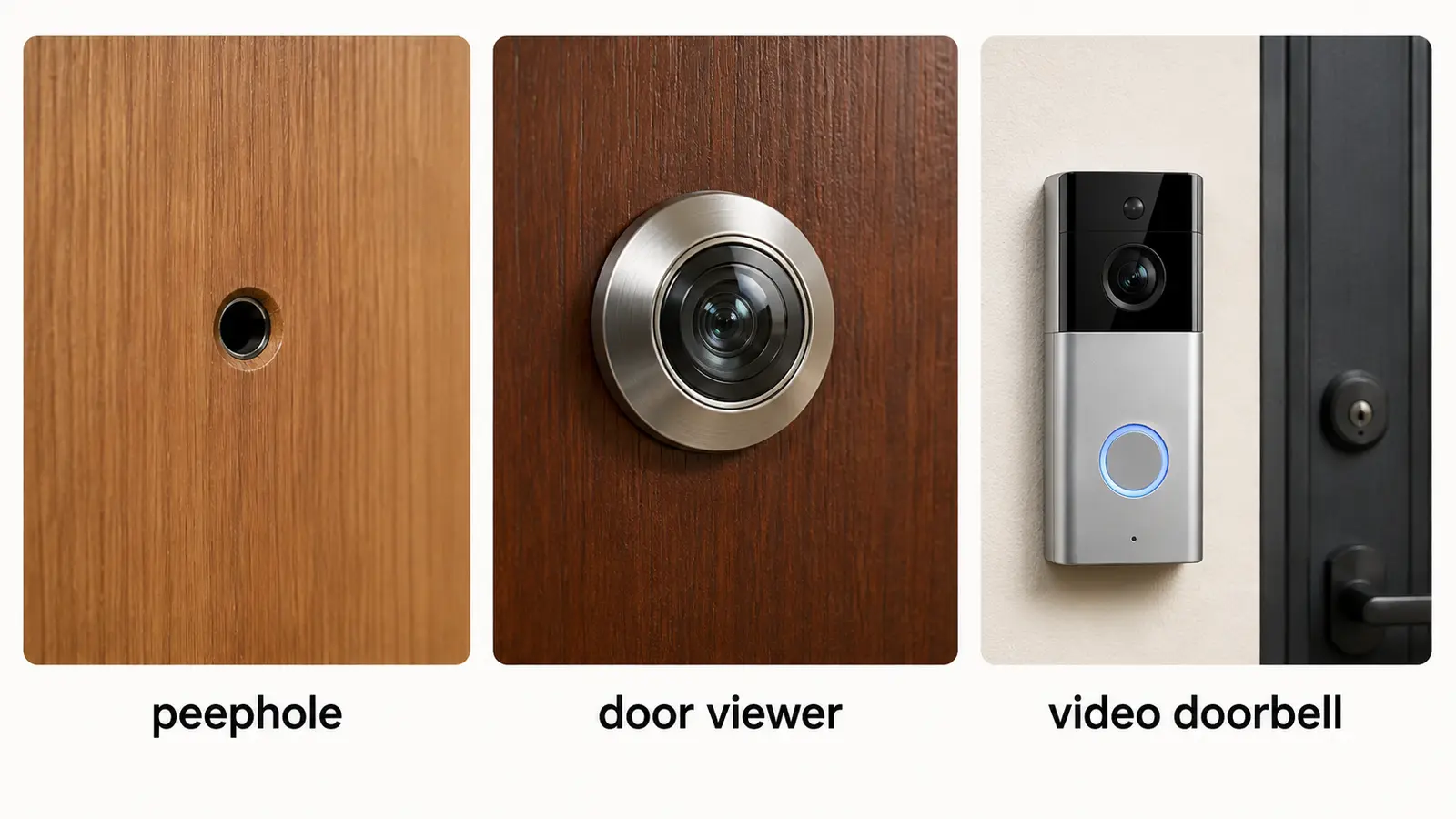 peephole、door viewer、video doorbellを比較した解説イラスト