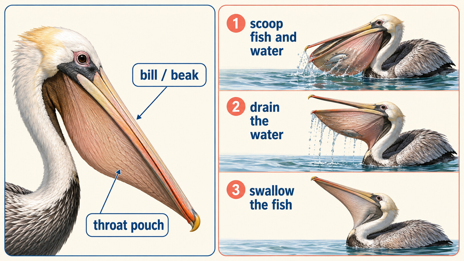 ペリカンのbill・throat pouchと魚をすくい水を抜いて飲み込む流れの英語図解