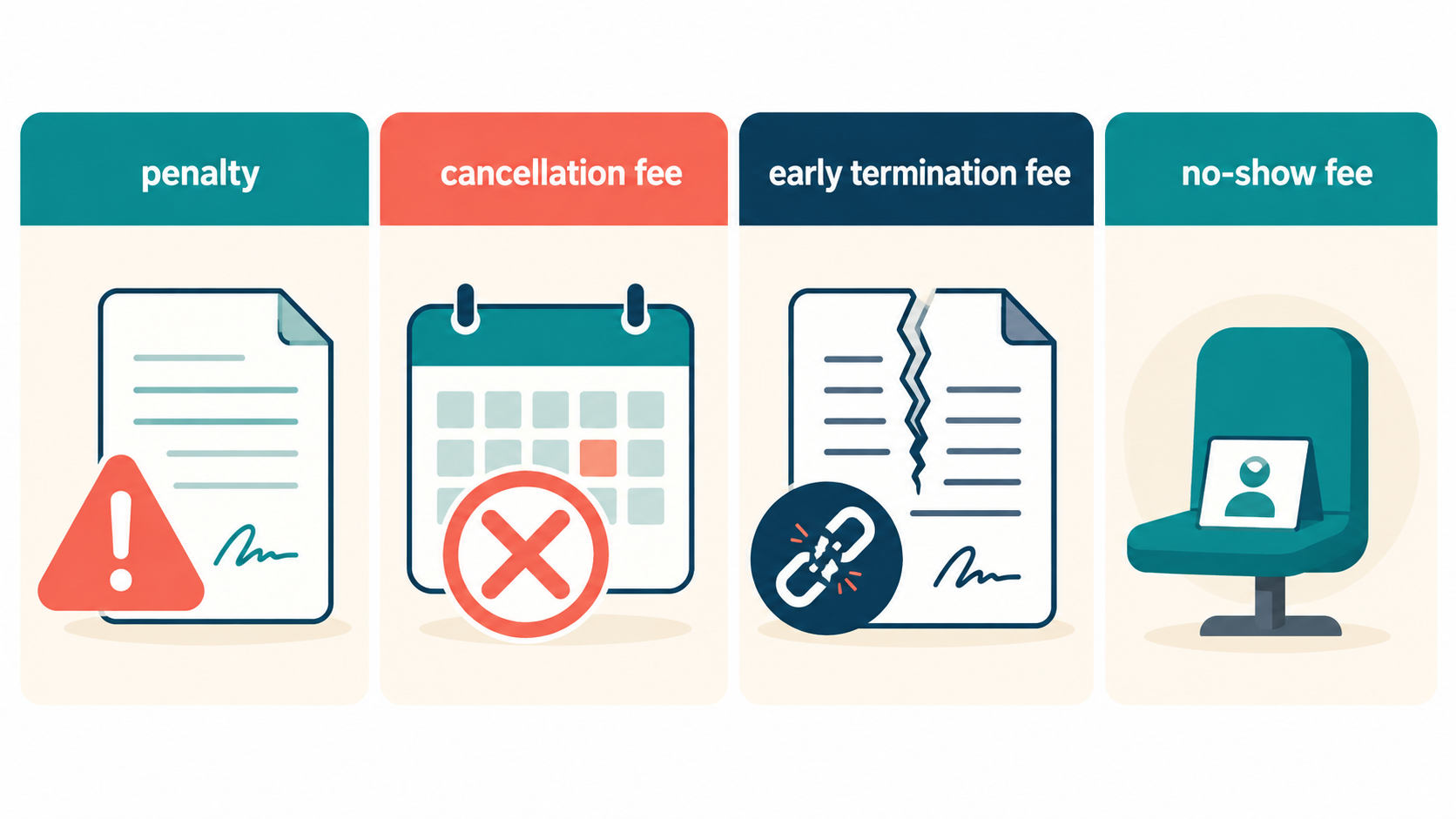 penalty、cancellation fee、early termination fee、no-show feeの違い