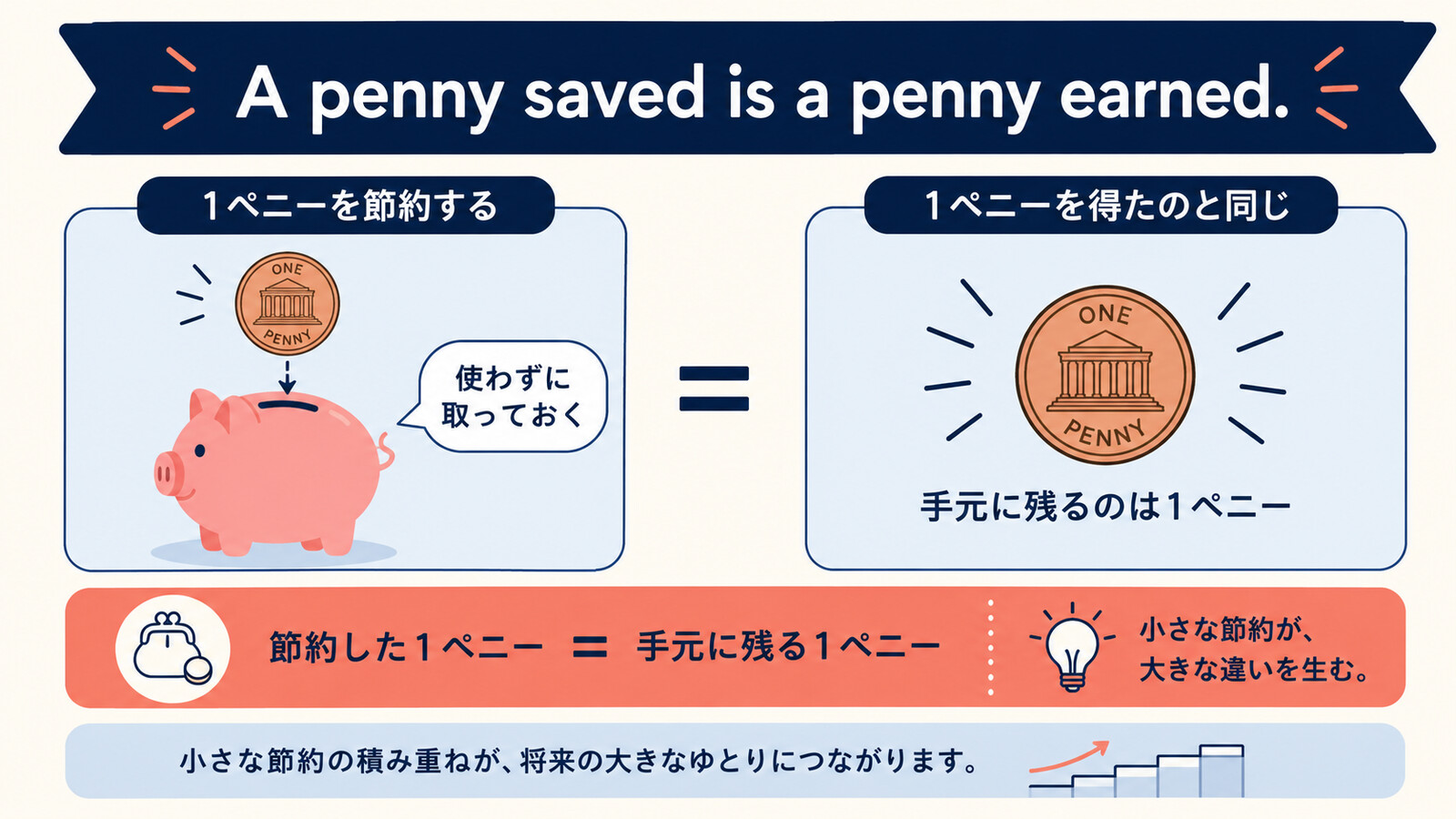 A penny saved is a penny earned.の直訳と実際のニュアンスを示す解説図