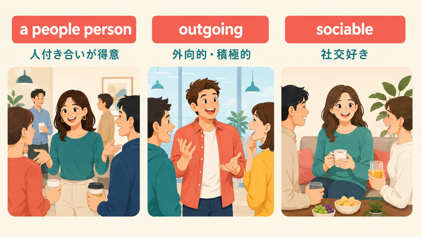 人付き合いが得意・外向的・社交好きの英語表現の比較