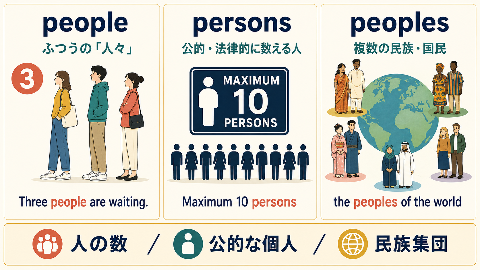 people・persons・peoplesの使い分けを示す図解