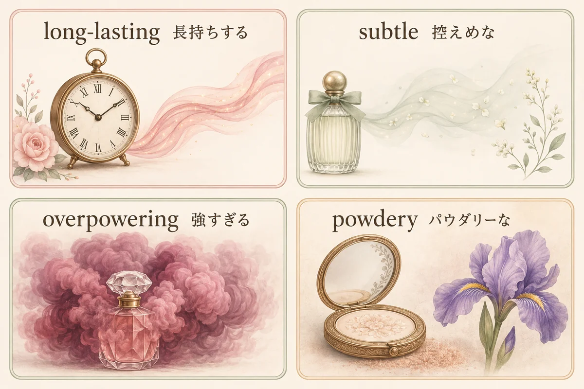 long-lasting・subtle・overpowering・powderyの違いを示す図解