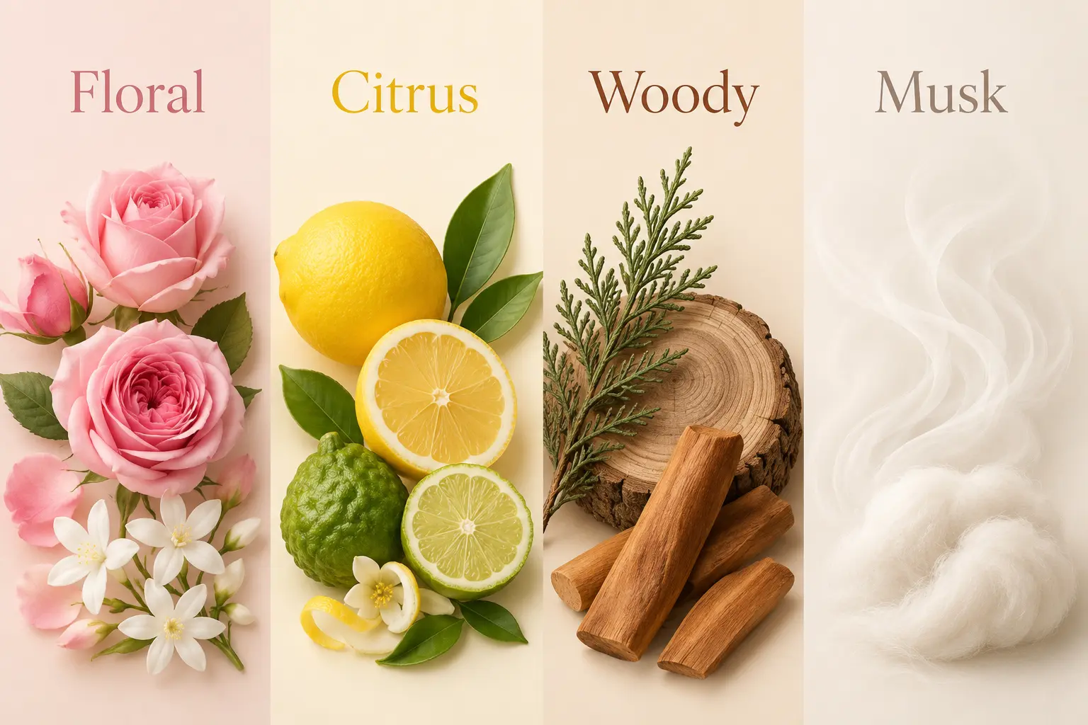 Floral、Citrus、Woody、Muskの4つの香りを比較する図解