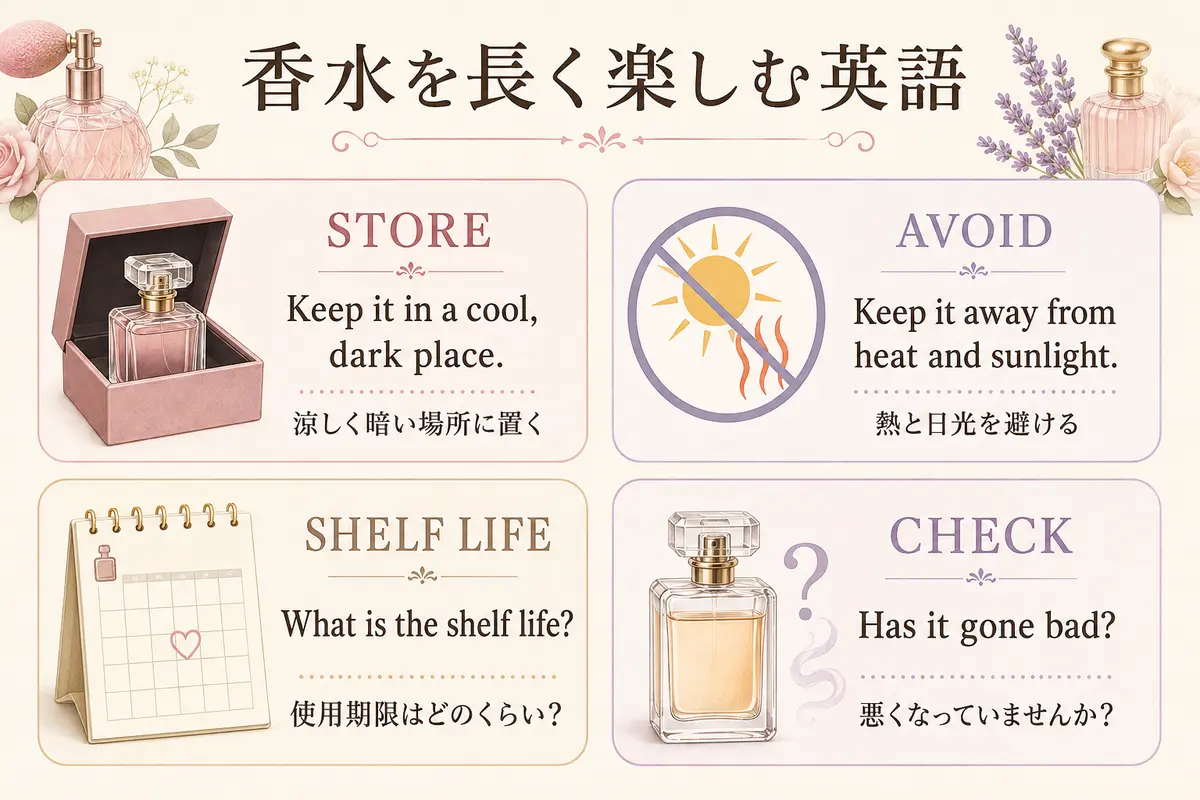 香水の保存と使用期限に関する英語表現の図解