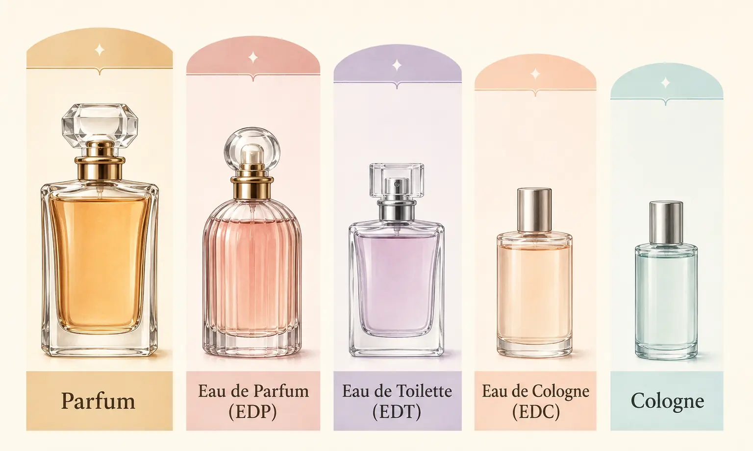 Parfum、Eau de Parfum、Eau de Toilette、Eau de Cologne、Cologneを比べる図解