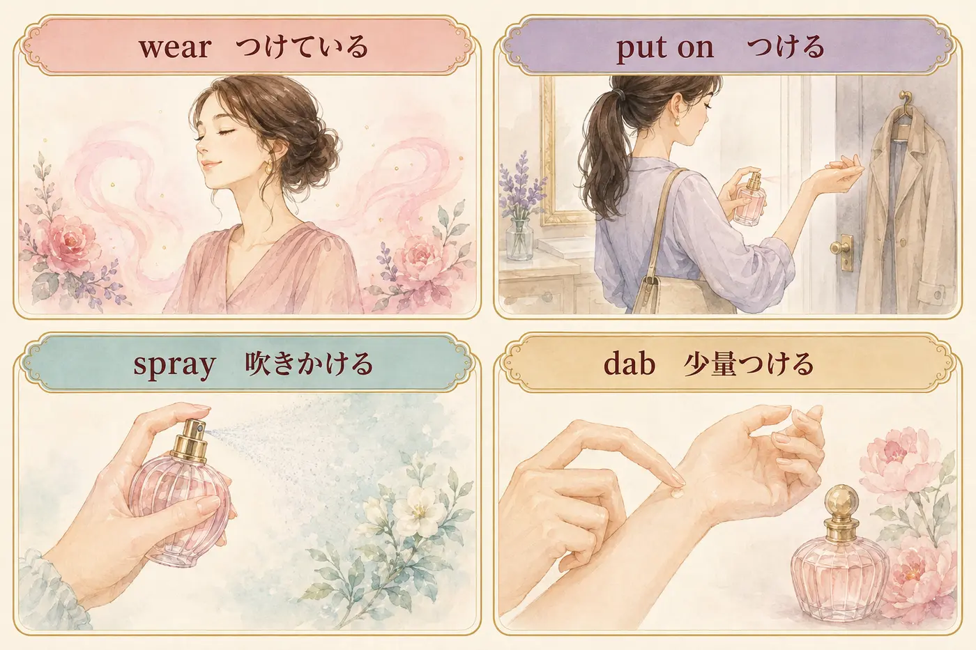香水に使うwear、put on、spray、dabの違いを示す英語イラスト