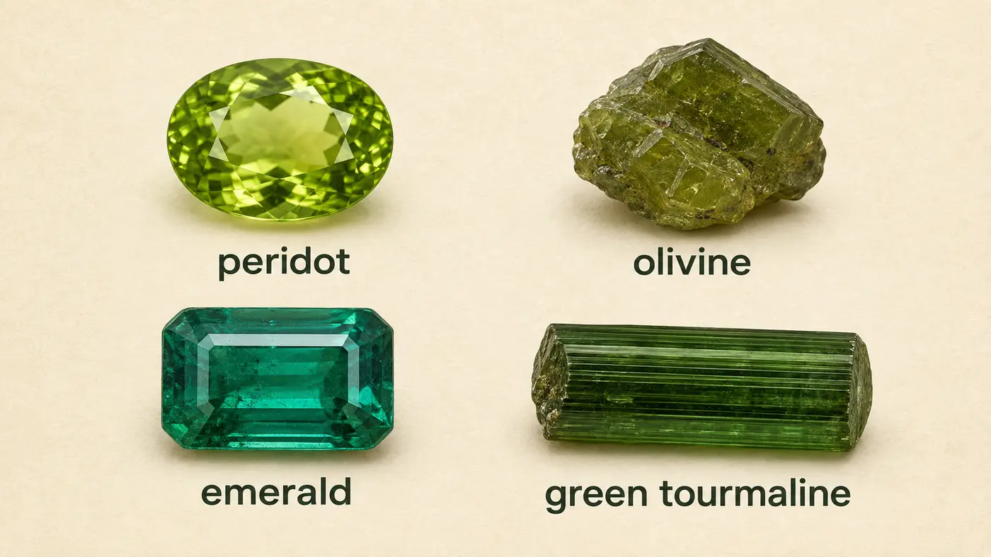 peridot、olivine、emerald、green tourmalineの見た目と英語名の比較