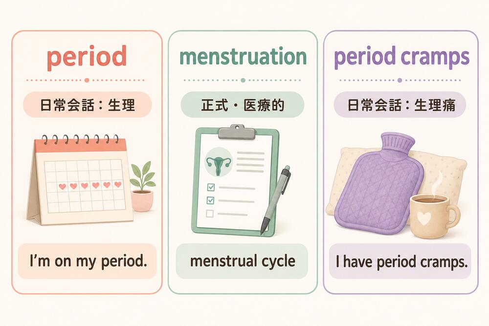 period・menstruation・period crampsの違いを示す比較イラスト
