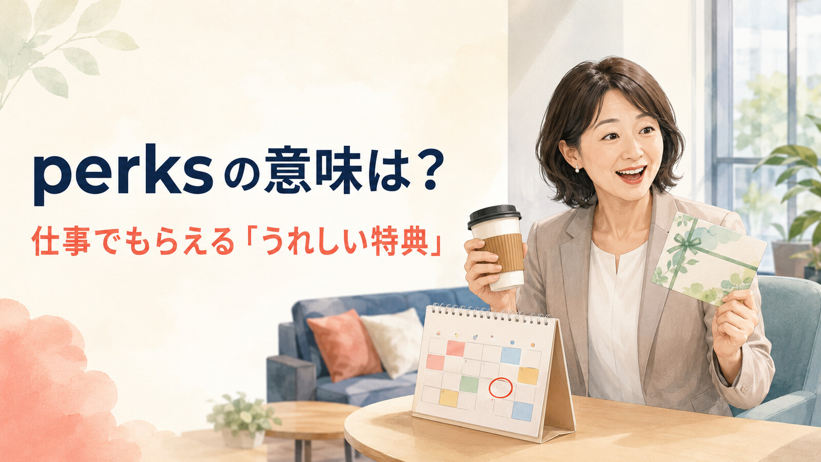 perksの意味は仕事でもらえるうれしい特典だと伝えるイラスト