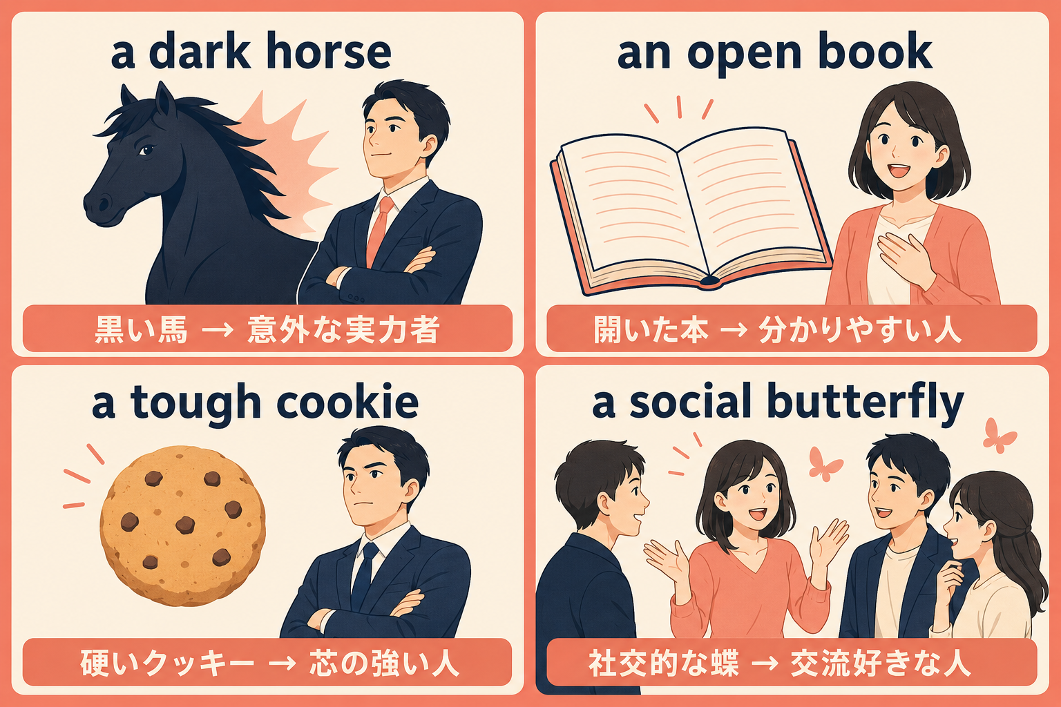 dark horse、open book、tough cookie、social butterflyの直訳と意味