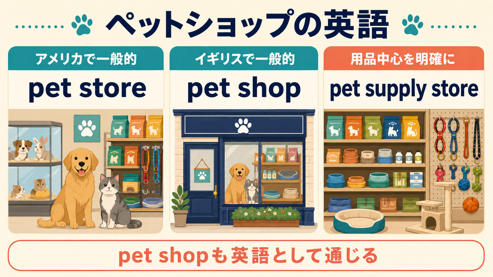 ペットショップをpet store・pet shop・pet supply storeに使い分ける図