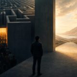 狭い競争の入口ではなく未踏の広い門を見つめる架空の人物