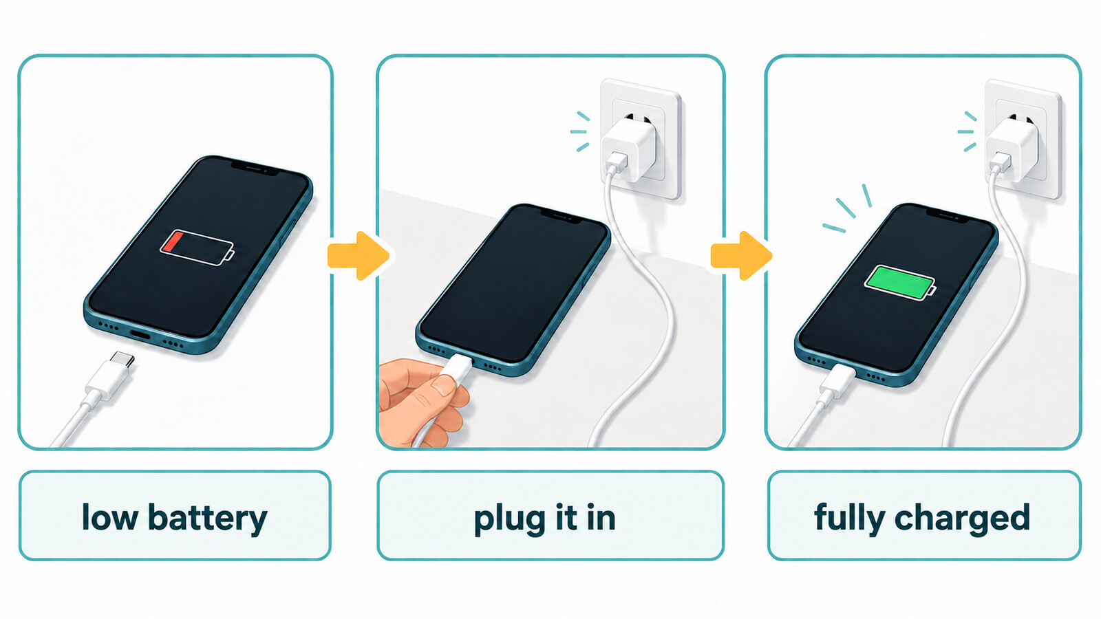 充電残量が少ないスマホにケーブルを挿して満充電にする流れ