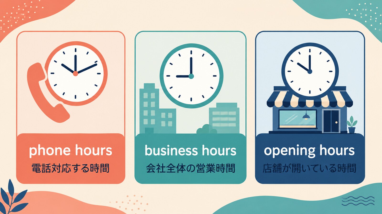 phone hours・business hours・opening hoursの違い