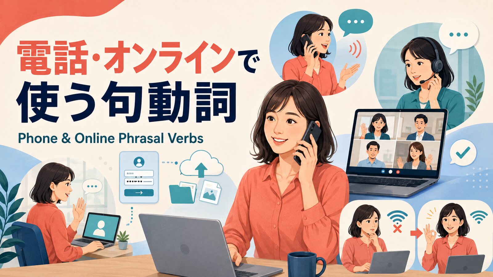 電話・オンラインで使う句動詞を通話・ビデオ会議・接続操作の場面で示したアイキャッチ