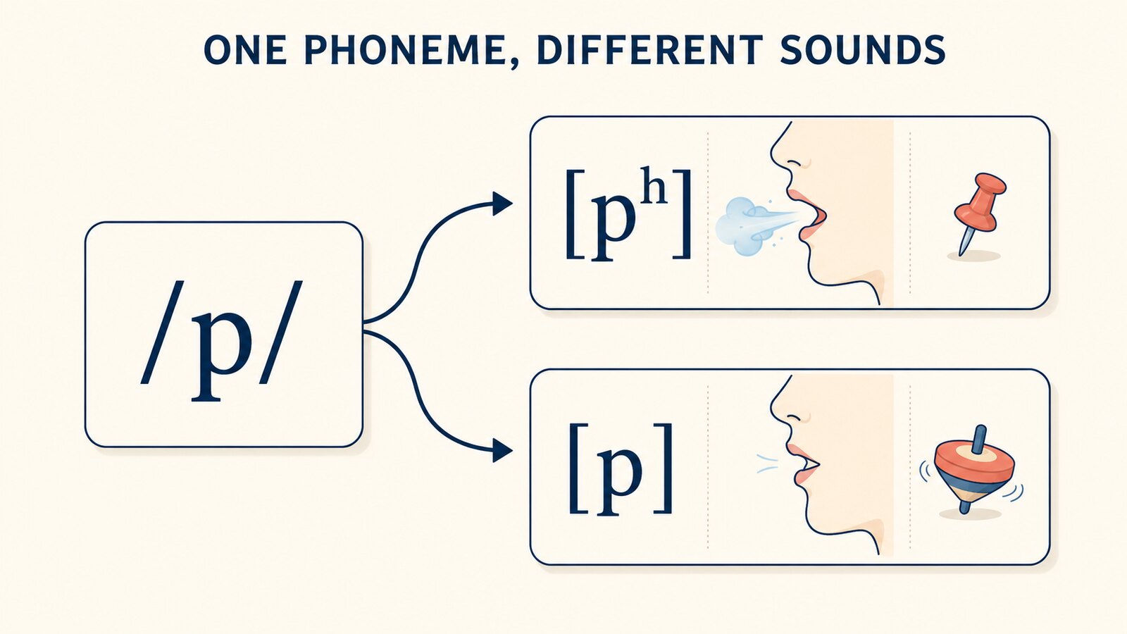 音素pが、息を強く出すpと弱く出すpという異なる実際の音になることを示す図