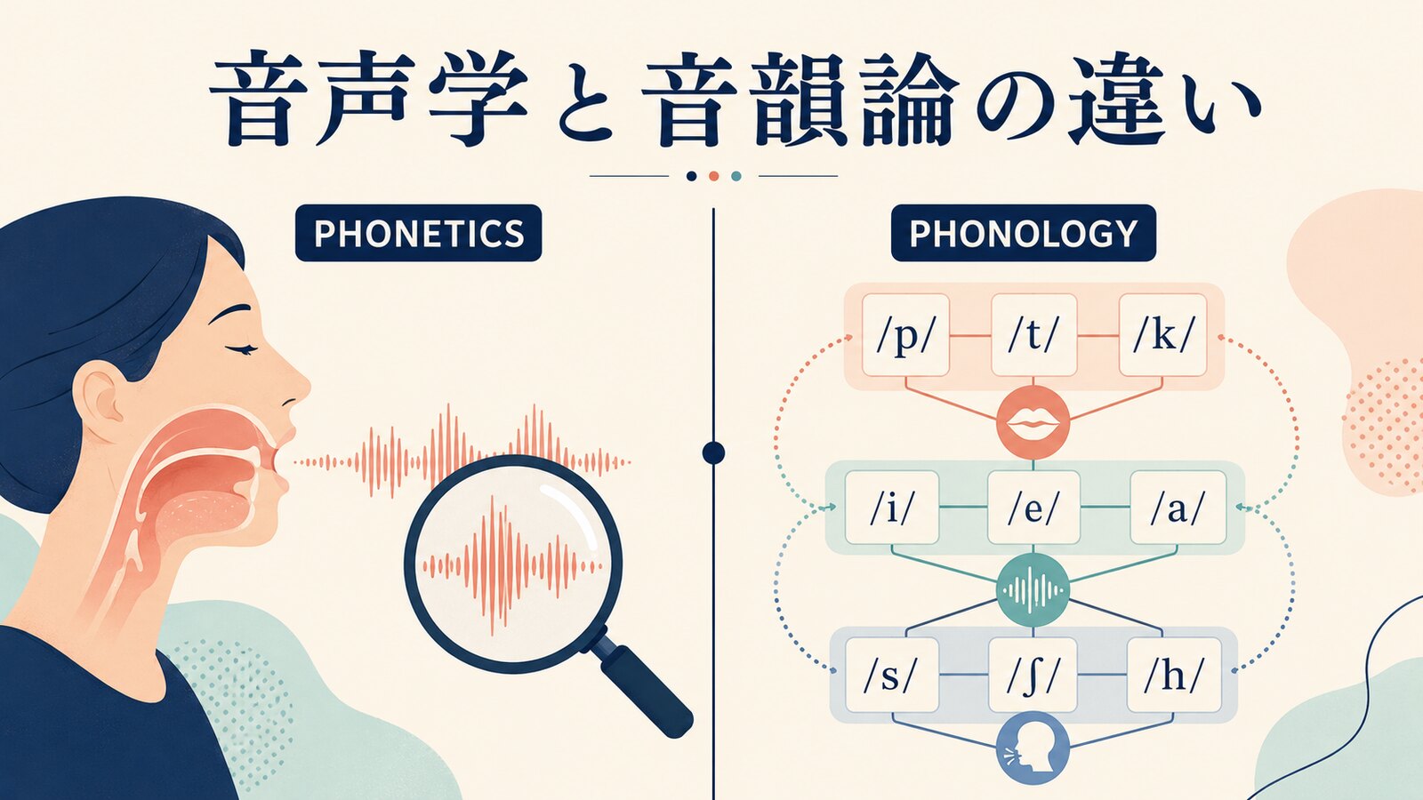 音声学と音韻論の違いを、発音の観察と音の体系に分けて示したイラスト